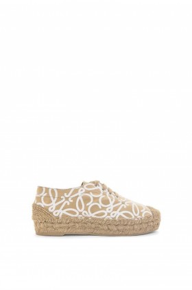 Kopen Womens Loewe Flats Online - Haver Melk Beige Zonne-Lace-Up Op Canvas